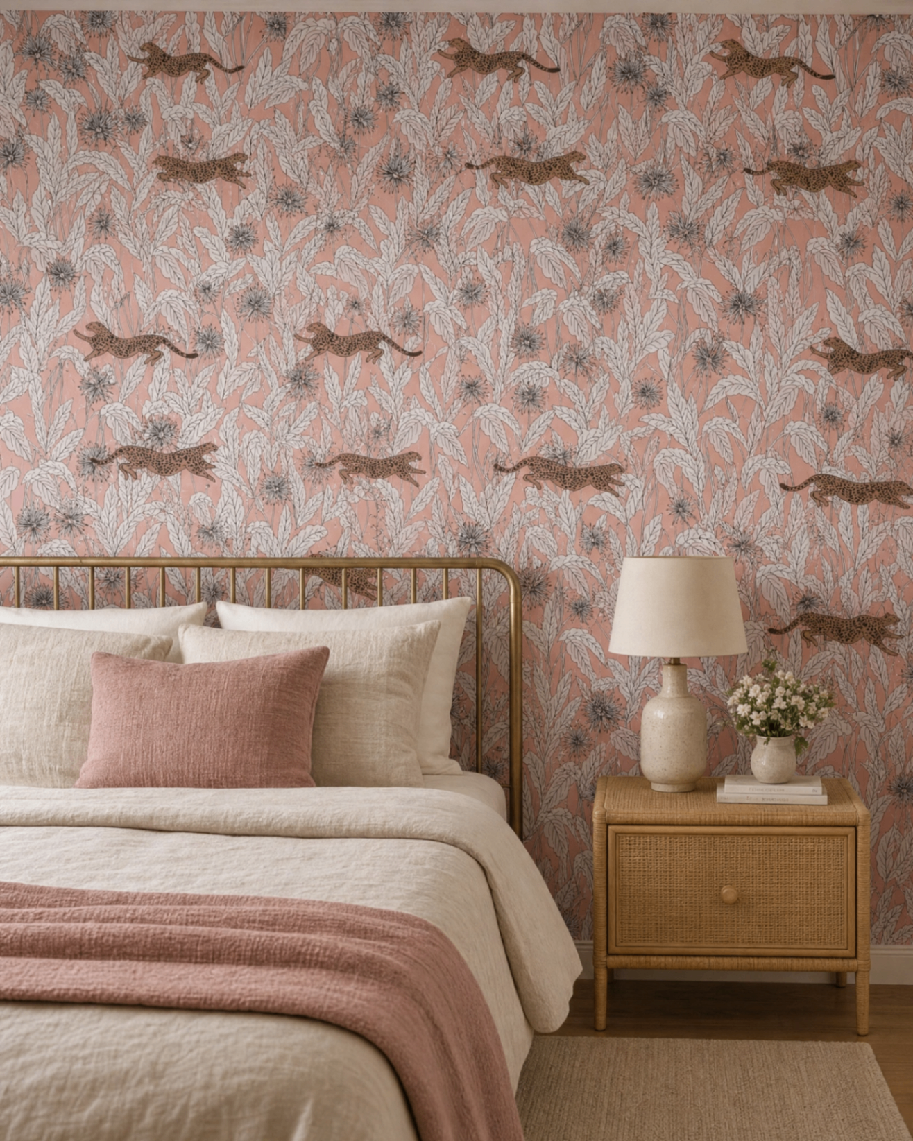 Chambre à coucher avec papier peint léopard rose et feuillage tropical