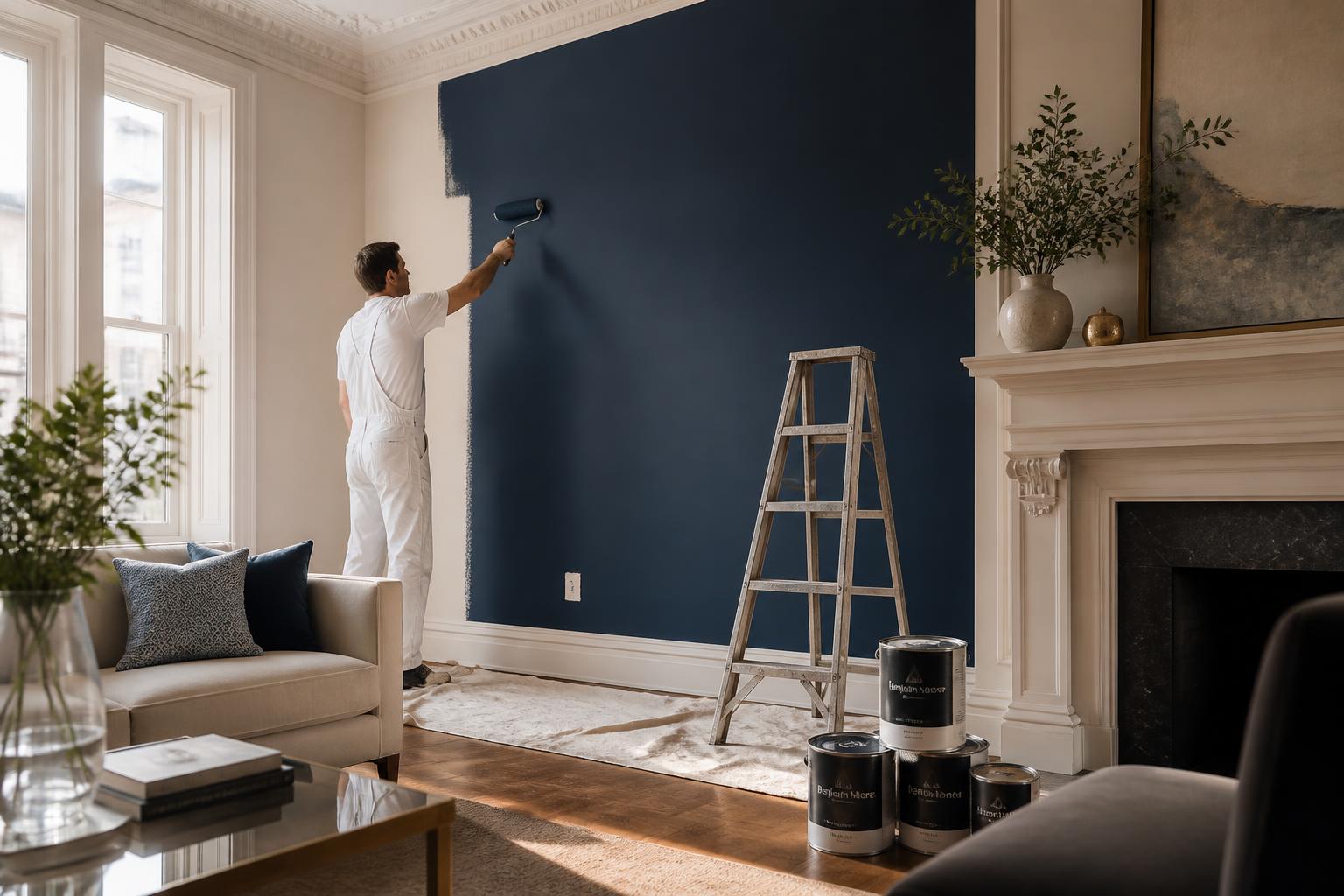 Professional painter rolling a deep navy Benjamin Moore finish onto a feature wall in a sunlit Montréal interior