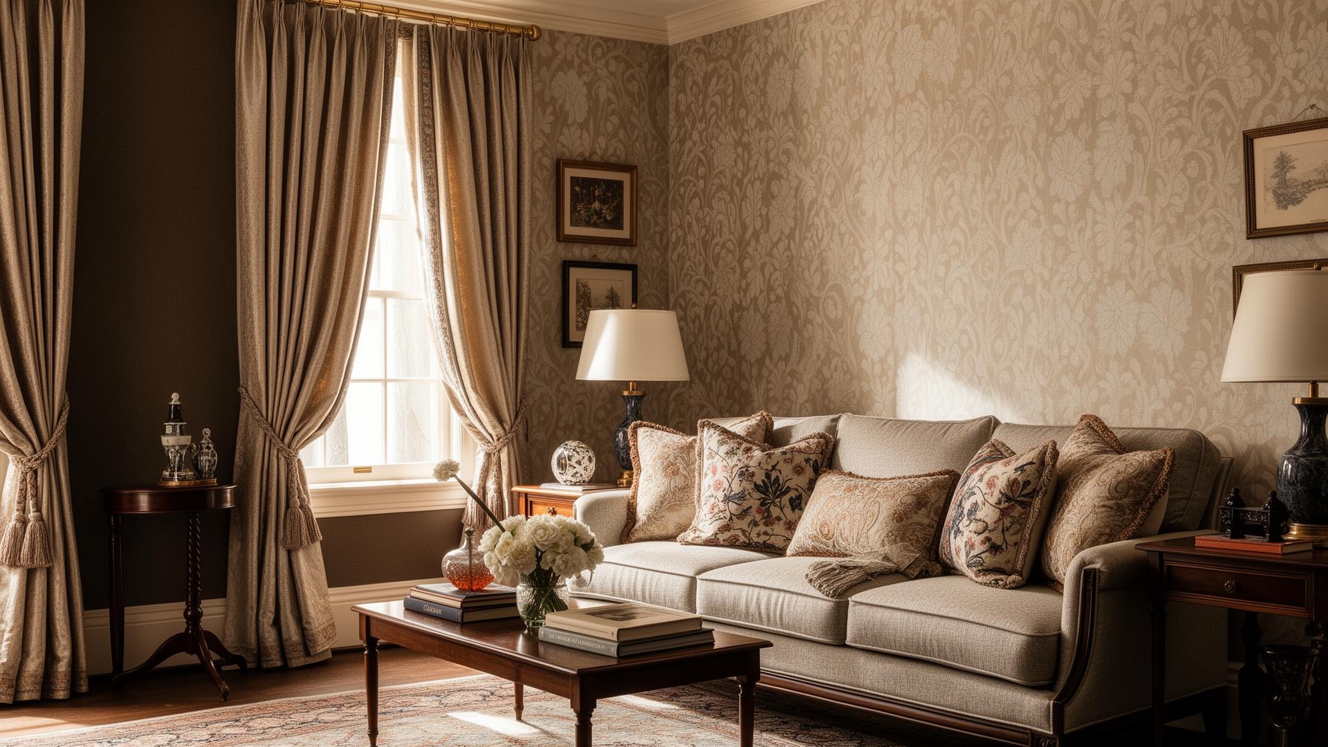Elegant room with silk fabric wallpaper, curtains, decorative pillows, and layered interior textiles
