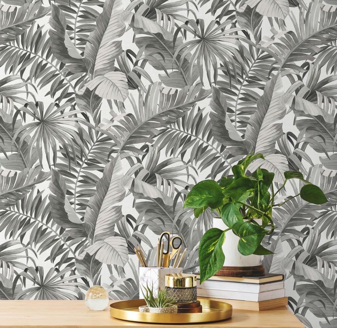 A Street Prints Baja Grey Silver Wallpaper – Tropical Leaves