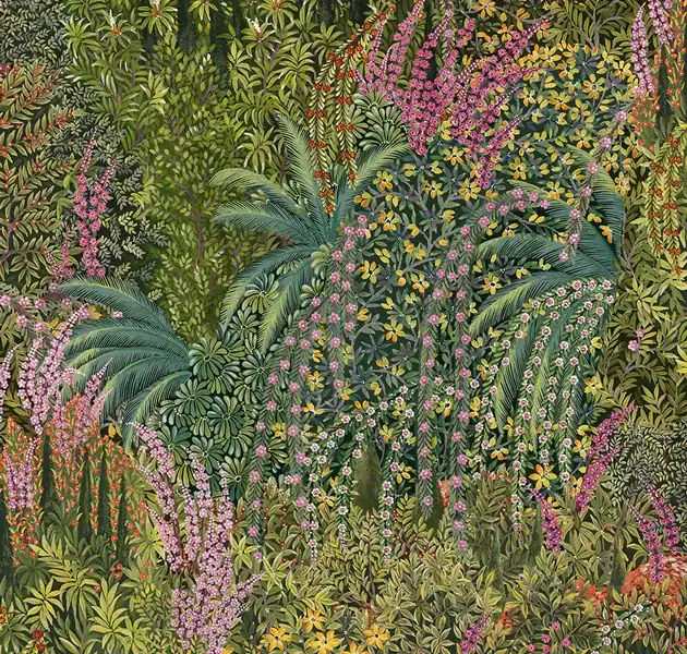 Botanical jungle wallpaper mural featuring layered tropical foliage and dense floral textures in a painterly scenic composition.