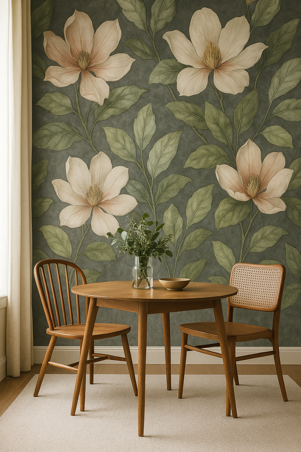 A small dining area transformed with a large-scale wallpaper pattern.