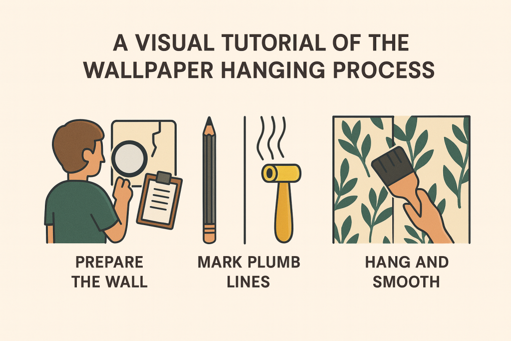A visual tutorial of the wallpaper hanging process.