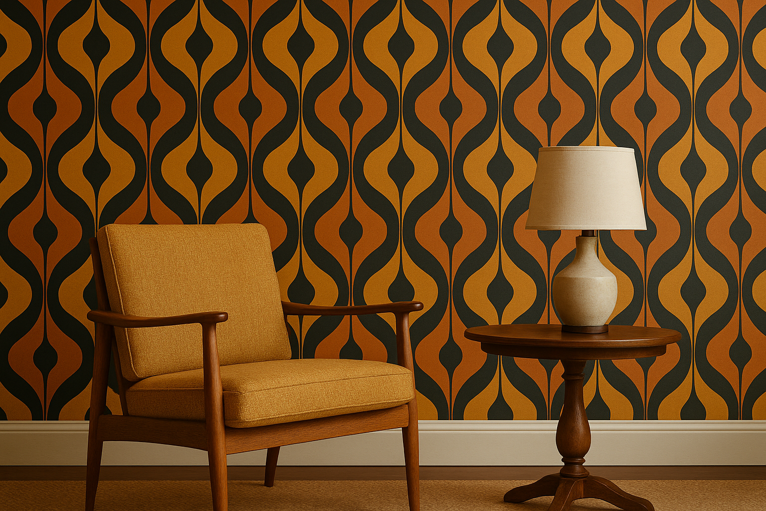 A classic Mid-Century Modern wallpaper with a bold, geometric pattern.