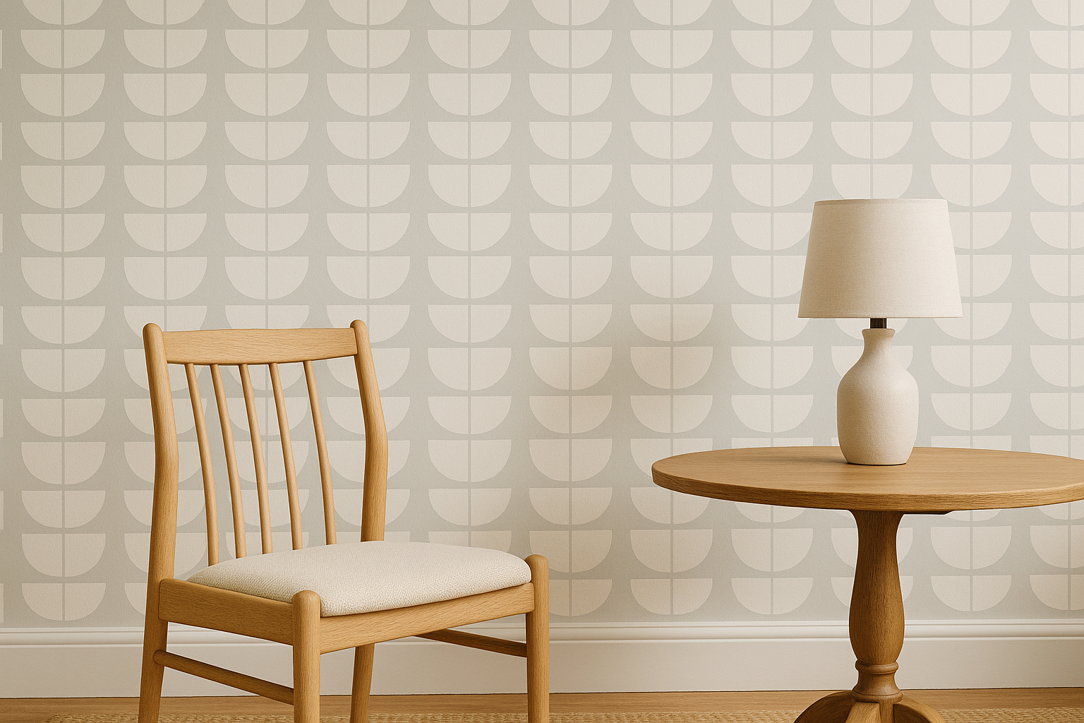 A Scandinavian-style interior with a simple, geometric wallpaper.