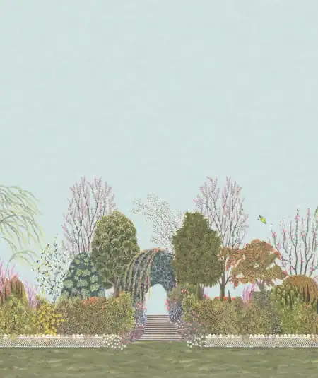 Vue d'ensemble du décor Reverie illustrant la perspective onirique et la richesse des détails botaniques peints à la main aveec fond bleu gris.