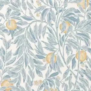 Elegant botanical wallpaper with blue and gold accents, inspired by nature and classic design.