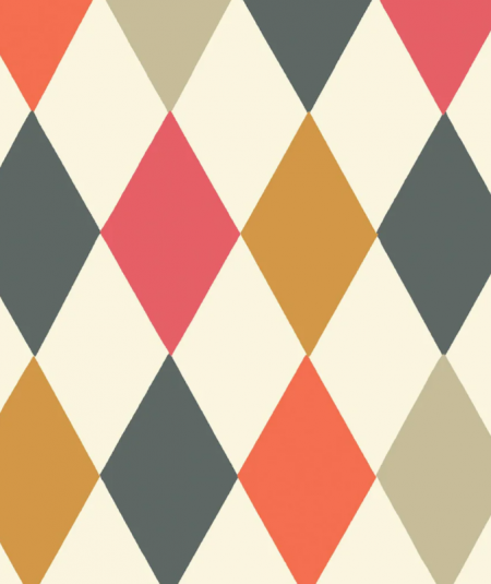 Punchinello geometric wallpaper by Cole & Son in bold red, ochre, charcoal, and cream diamond pattern.