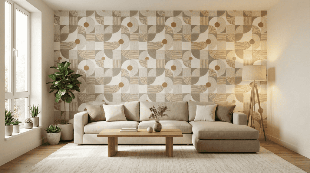 Murale Empire Papier Peint avec motif géométrique dans un salon moderne.