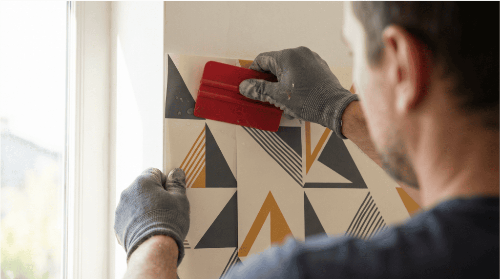 Balcon avec papier peint Empire, style géométrique en tons neutres et accents dorés, installation pr.