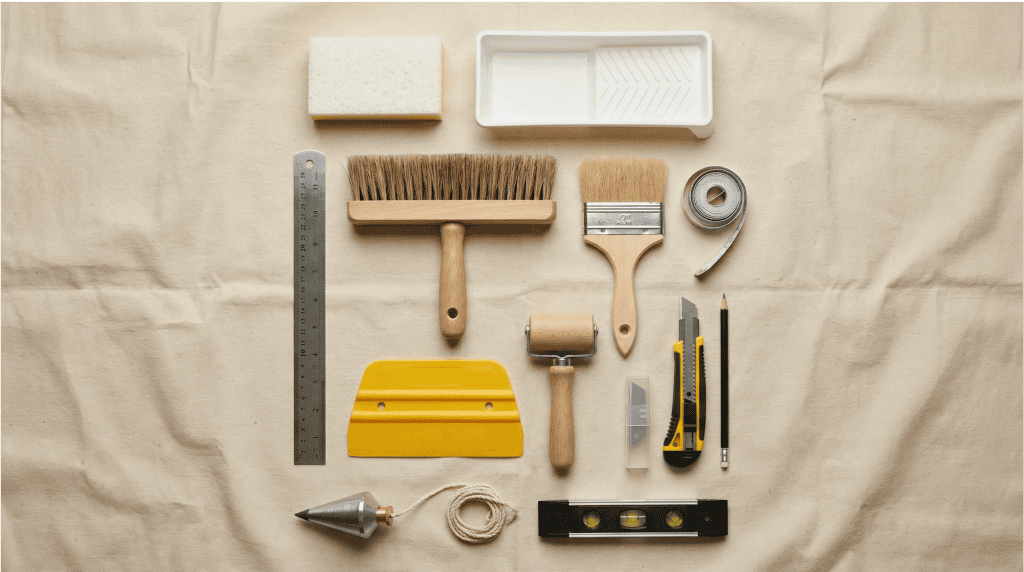 Outils de pose de papier peint Empire dans une pièce lumineuse beige.