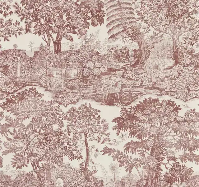 Papier peint Highgrove Toile Sanderson coloris Oak, paysage pastoral brun terre.