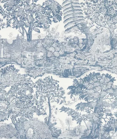 Papier peint Highgrove Toile Wedgwood Sanderson, bleu classique et blanc.