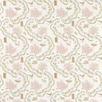 Papier peint Woodland Sanderson en tons bruns avec motifs floraux et géométriques, style vintage.
