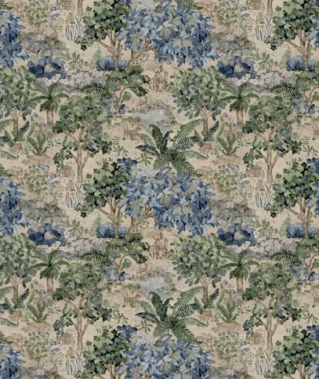 Une palette de verts profonds, de bleus et de tons terreux illustrant un habitat sauvage luxuriant et mystérieux.