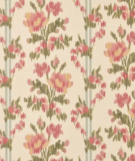 Papier peint Sanderson Woodland motif floral rose et beige avec détails raffinés pour un intérieur élégant. Rose et fond creme