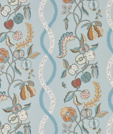 Papier peint Kitchen Garden Sanderson Mineral Gooseberry, tons bleu minéral et vert groseille.