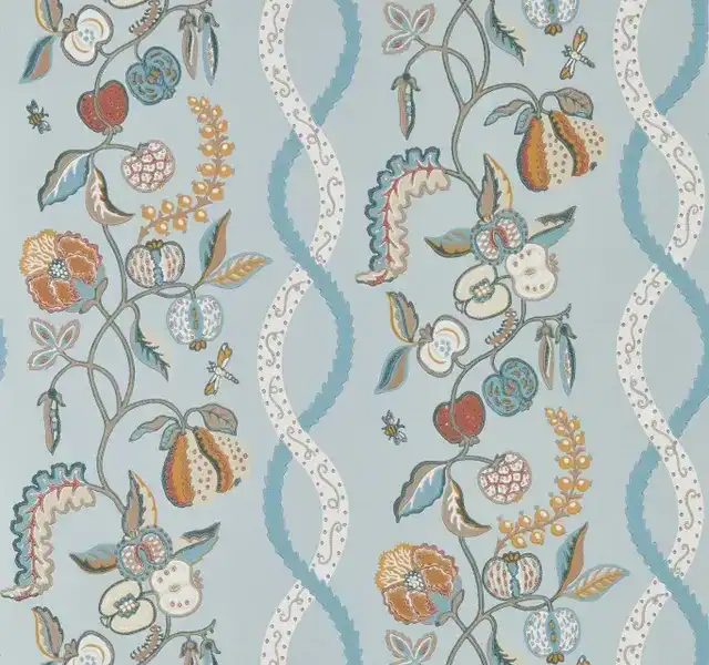 Papier peint Kitchen Garden Sanderson Mineral Gooseberry, tons bleu minéral et vert groseille.