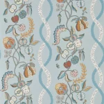 Motif Woodland Sanderson bleu clair avec fleurs et fruits stylisés, inspiration botanique.
