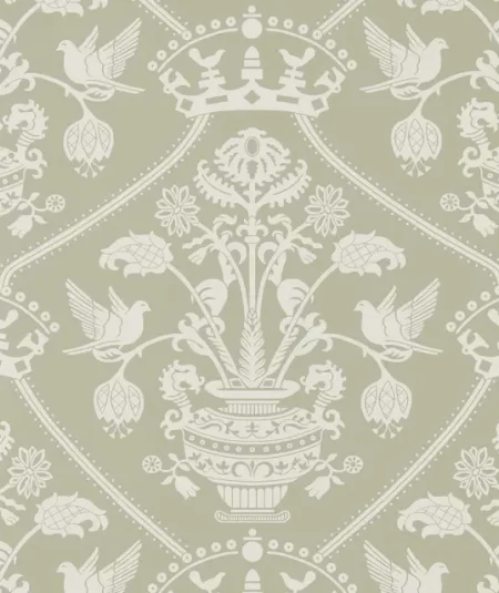 Papier peint Sanderson Highgrove Damask Silver Green, vert sauge et argenté.