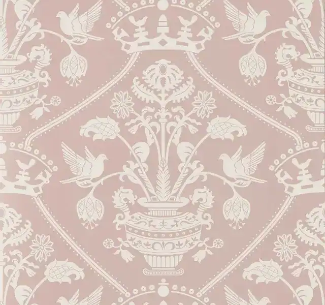 Highgrove Damask wallpaper from Sanderson pink background with cream