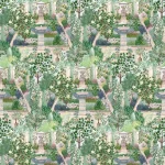 Papier peint panoramique Sanderson Woodland vert forêt représentant un jardin et architecture anglaise traditionnelle.