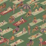 Papier peint Ipanema Rosa by Tres Tintas Bossa Nova, représentation graphique des interactions humaines dans un décor balnéaire