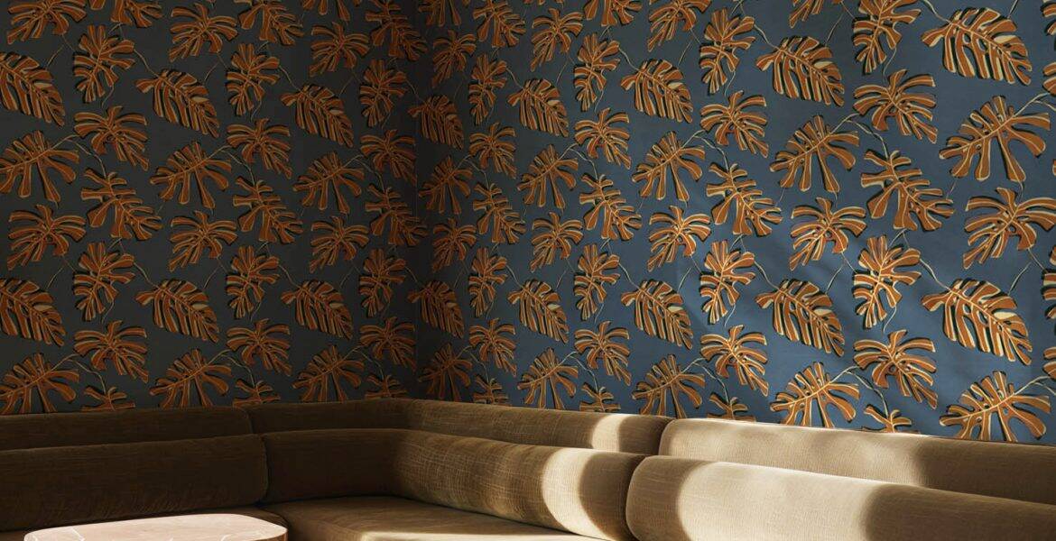 Papier peint feuilles Monstera gris et blanc Tres Tintas" ou "Décoration murale botanique Monstera Arena Bossa Nova