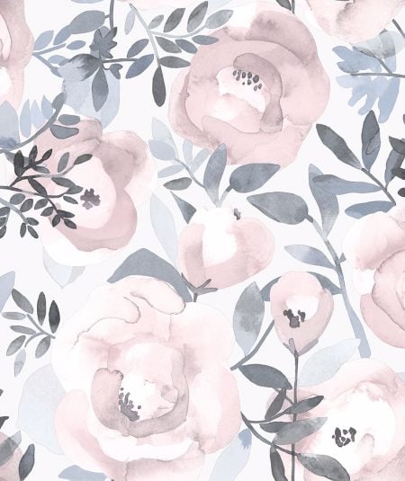 Photo de Papier peint floral Orla Purple 2903-25840 avec roses lavande aquarelle et feuilles gris foncé, disponible chez Empire Wallpaper Montréal.