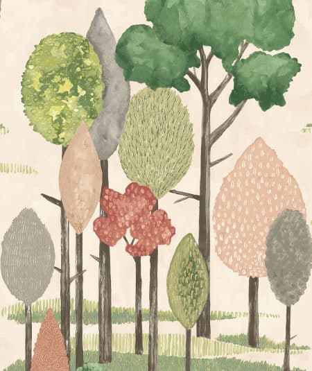 Papier peint style forêt, Ohpopsi Tall Trees coloris Autumn CEP50138W avec arbres stylisés en tons Rose, disponible chez Empire Wallpaper Montréal.