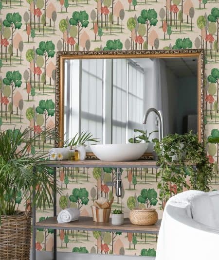 Room shot du Papier peint style forêt, Ohpopsi Tall Trees coloris Rose avec arbres stylisés en tons d'automne, disponible chez Empire Wallpaper Montréal.