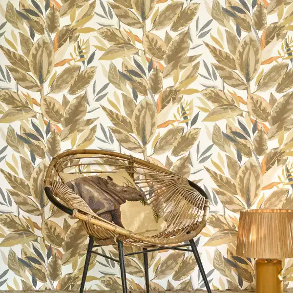 Mur d'accent jungle tropicale avec papier peint Ficus Beige Lin à Montréal