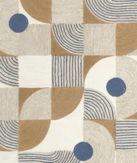 Papier peint moderne avec motifs géométriques bleus et beiges, parfait pour un salon élégant.