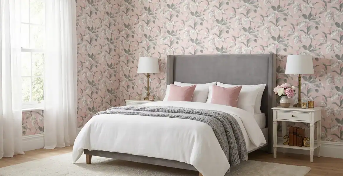 A romantic bedroom with soft pink floral wallpaper called Meridian Parade, with a grey velvet bed, and white bedding.