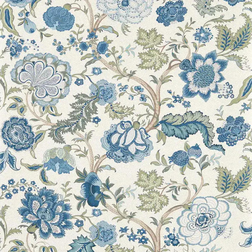 Blue floral damask wallpaper with intricate patterns for elegant interior decor.