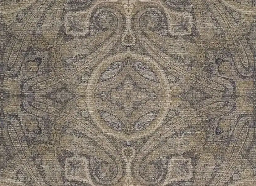 Elswick Paisley Blue Umber pattern shot, showcasing oversized paisley design and kaleidoscopic star bursts.