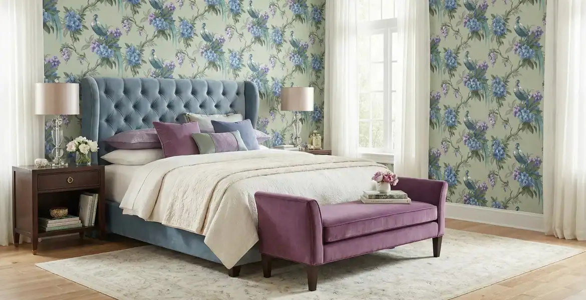 démonstration de Papier peint Golden Pheasant Brewster M1660 Sage avec faisan et fleurs rose et bleues, disponible chez Empire Wallpaper Montréal. installé dans un chambre a couché