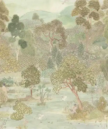 Balcon de chambre avec papier peint Zoffany Nature dans des tons verts doux.