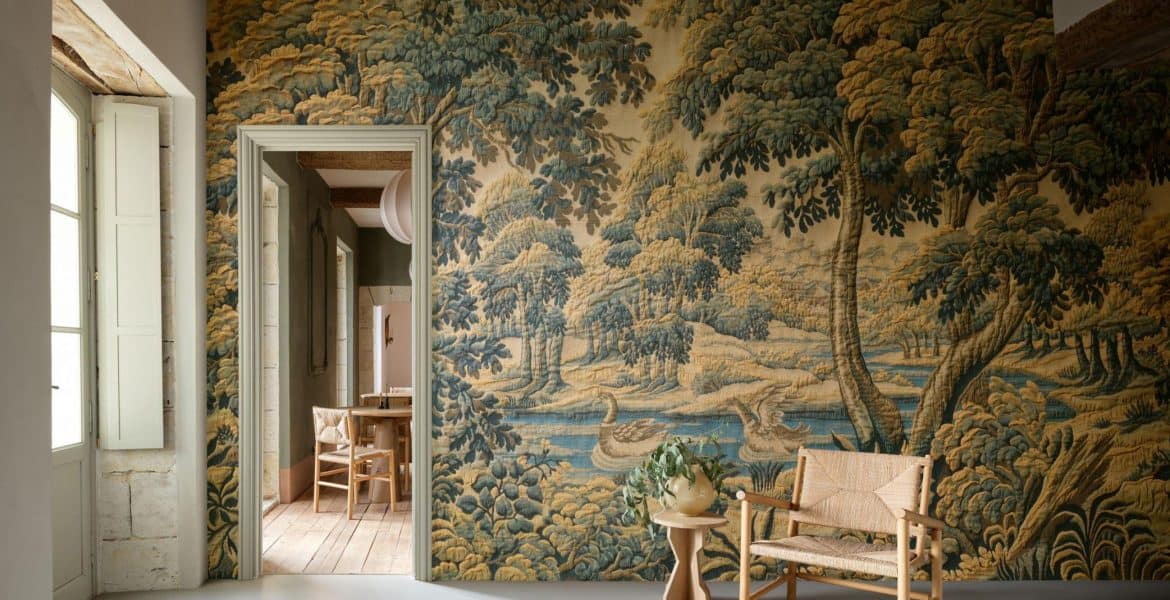 Papier peint panoramique bucolique vert forêt pour salon ou chambre, Empire Wallpaper, style naturel.