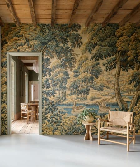 Papier peint panoramique bucolique vert forêt pour salon ou chambre, Empire Wallpaper, style naturel.