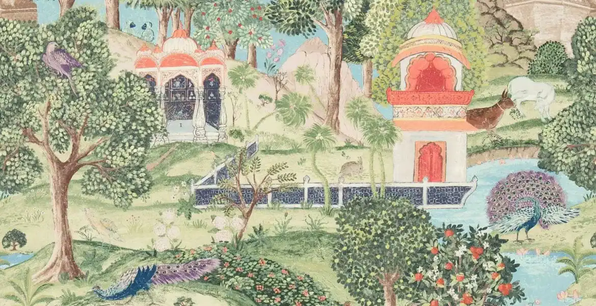 Peacock Garden Green/Coral wallpaer pattern, showcasing intricate details of fruit-laden trees, lotus flowers, and peacocks in a poetic Indian garden setting. This iconic design by Melissa White brings historical grandeur to any interior.