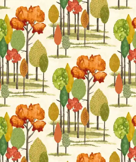 Papier peint style forêt, Ohpopsi Tall Trees coloris Autumn CEP50138W avec arbres stylisés en tons d'automne, disponible chez Empire Wallpaper Montréal.