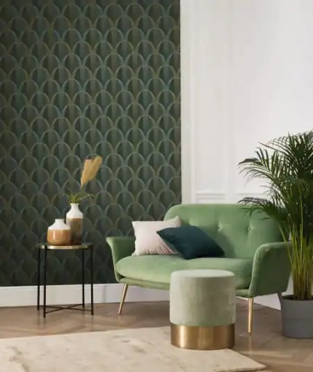 Living space styled with Entrée des Artistes wallpaper featuring green Art Deco arches and theatrical visual rhythm.