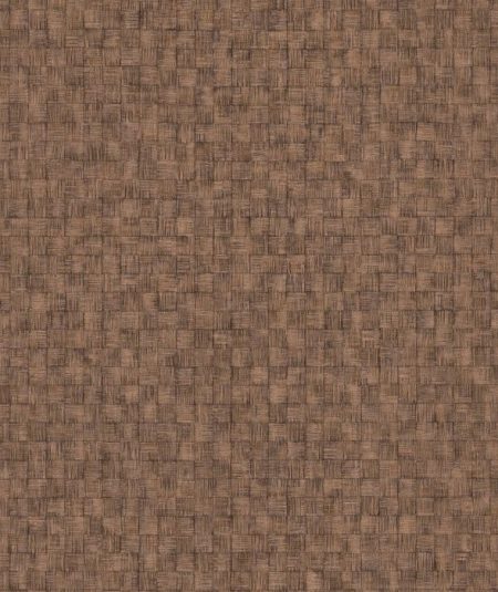 Casadeco Ginkgo Damier wallpaper with woven geometric texture in camel tones and metallic highlights.