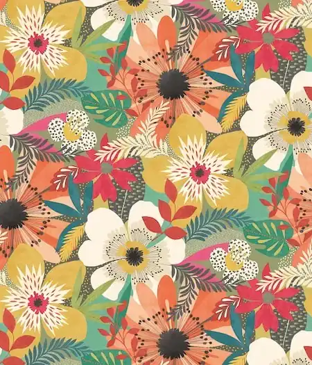Bold graphic floral wallpaper featuring oversized blooms with stripes and textured spots in a vibrant modern botanical pattern.