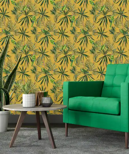 Papier peint tropical vert pour salon moderne, signé Empire Papier Peint, apportant une ambiance exo.