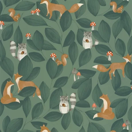 Woodland Friends wallpaper featuring foxes, squirrels, raccoons, and mushrooms among leafy forest branches.