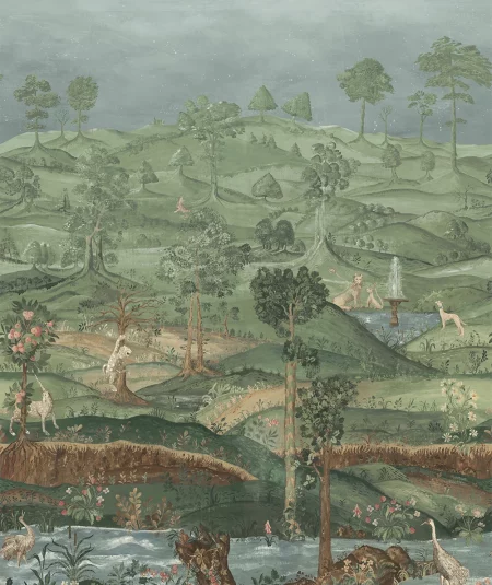 ROYAL GREEN Murale de papier peint panoramique Royal Park Panel en couleur Royal Green par G P & J Baker, illustrant un paysage fantastique inspiré des tapisseries de Hampton Court.