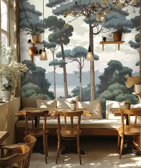 Papier peint mural Naturel Serenity de Empire Wallpaper dans un salon lumineux avec décor scandinave.