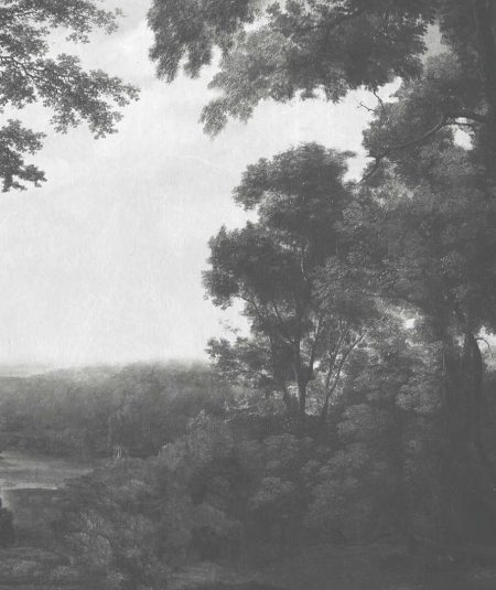 Papier peint mural forêt Pago en nuances de gris, parfait pour un salon élégant et apaisant.